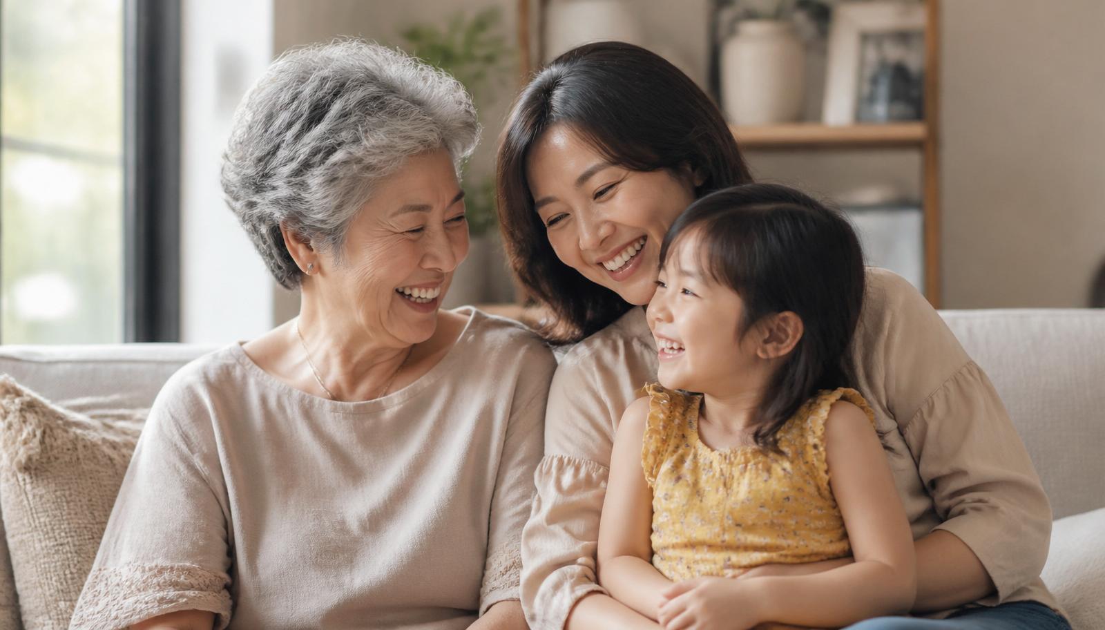 Multigenerational family at home: grandmother, daughter, and grandchild sharing a warm moment on the sofa