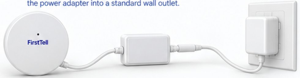 FirstTell Sensor connected to its communication module, power adapter, and wall outlet