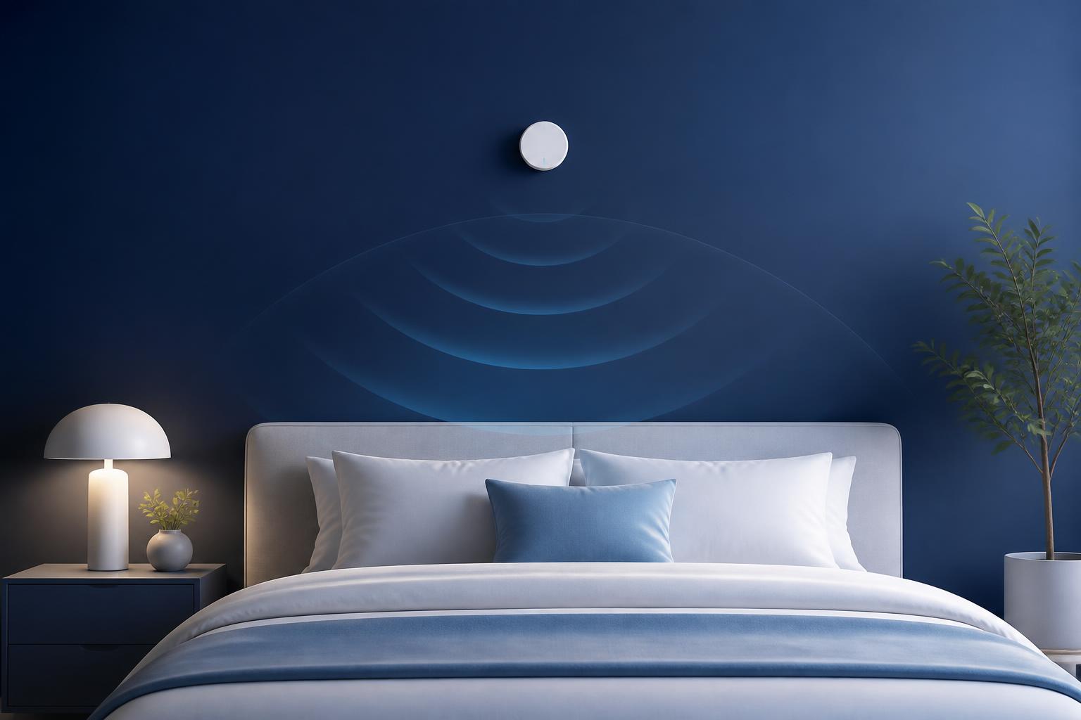 A small, unbranded contactless sensor mounted on the bedroom wall above the headboard