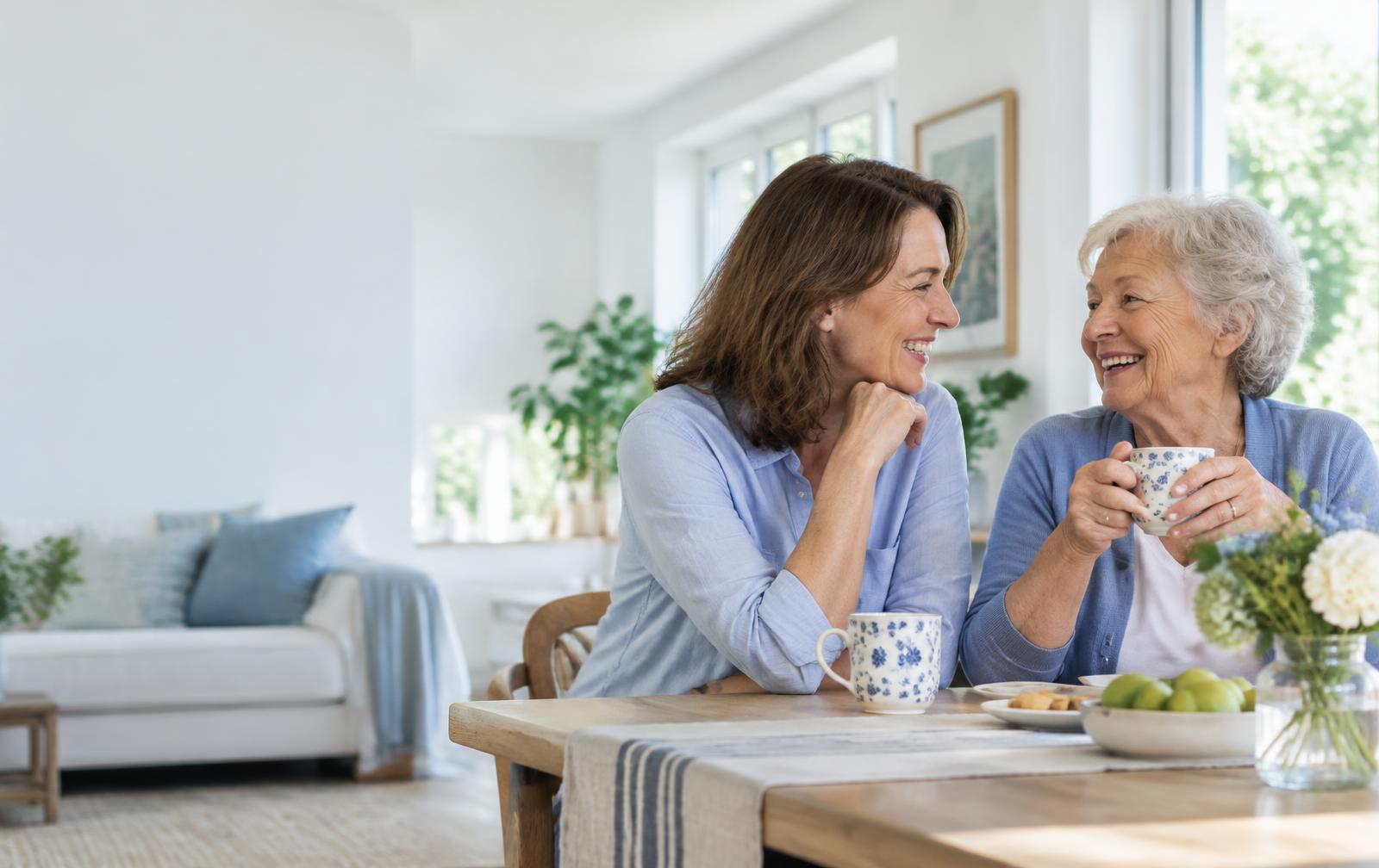 An older mother and her adult daughter enjoying a relaxed morning together at home